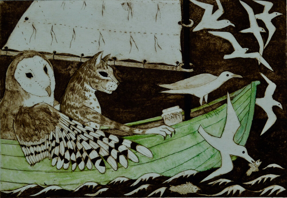 Victoria Keeble, the Owl and the Pussy-cat, drawn and printed by hand.